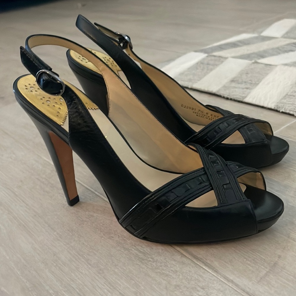 Cole Haan 7 1/2 B Black 4” Peek Toe Slingback Shoes